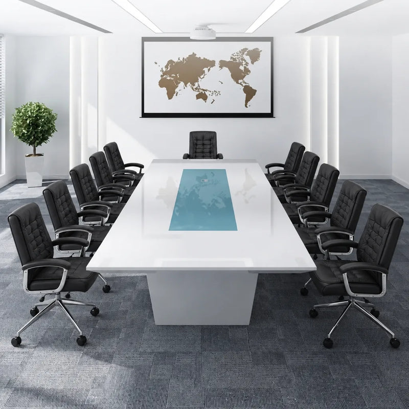 Forum white boardroom table seating 12 in blue and white chairs beneath a world map