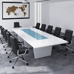 Forum grand 16′5″ (197-inch) conference table seating 16 in white high gloss with blue leather chairs
