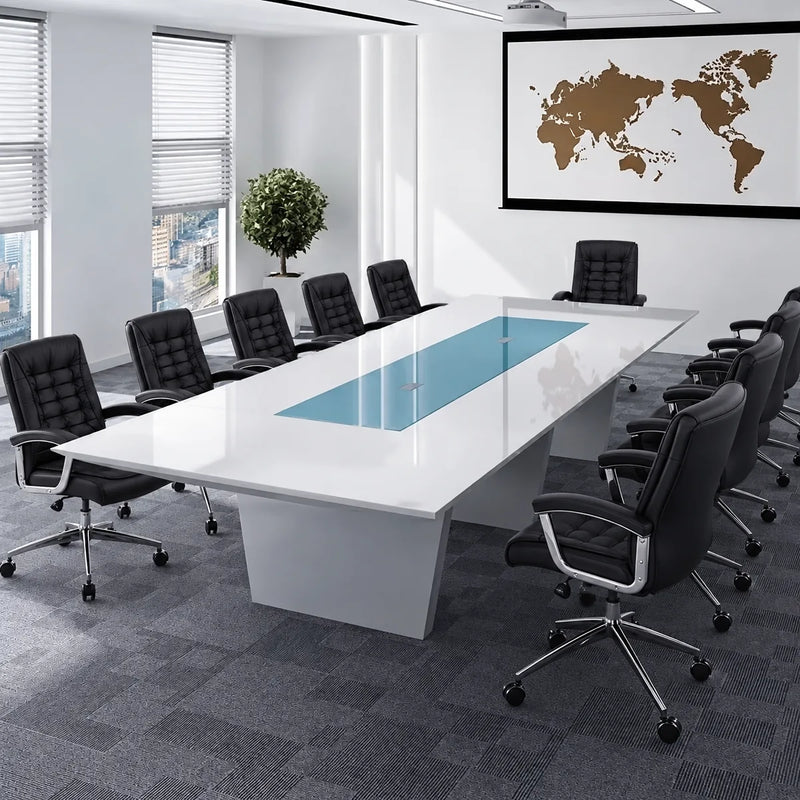 Forum large white conference table with blue chairs by the windows, three-quarter view