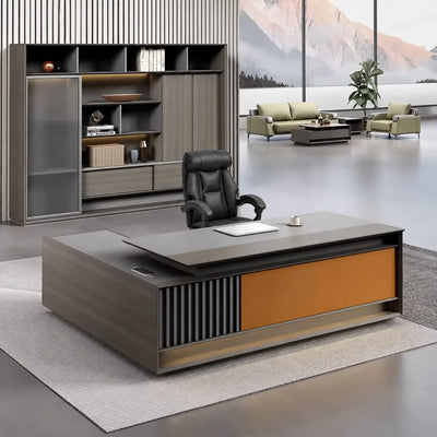 Frazer desk, right return, in a lakeside office with sage sofas