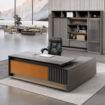 Frazer desk in ebony, left return, mountain print behind