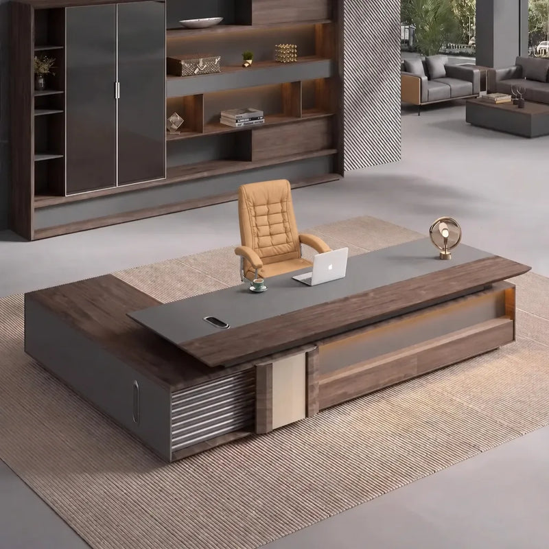 Frisco desk in walnut in a warm office with display wall and sofas
