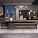 Frisco executive desk facing a night skyline and shelf wall