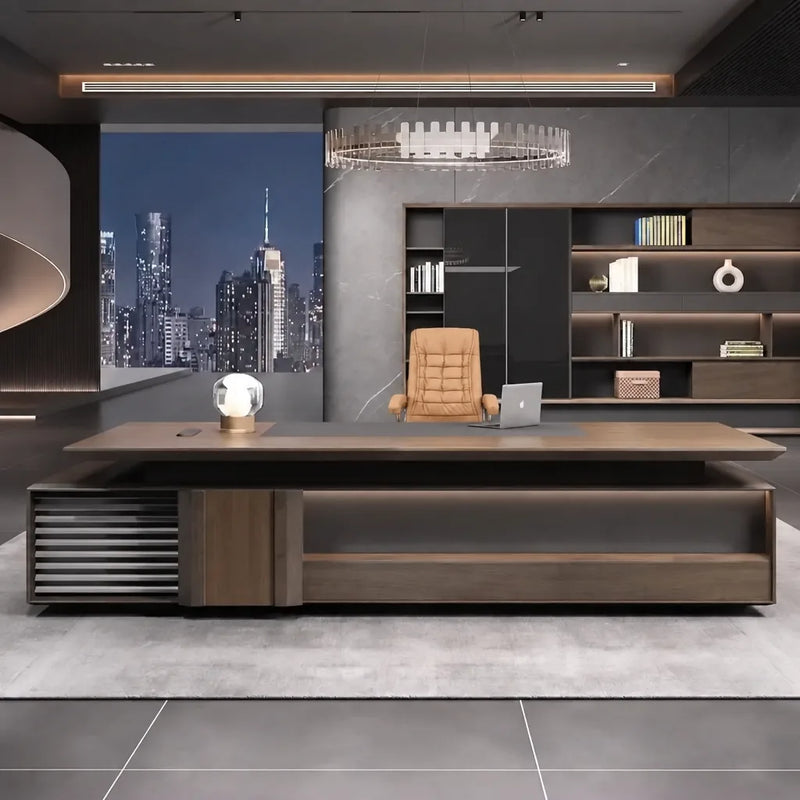 Frisco executive desk facing a night skyline and shelf wall