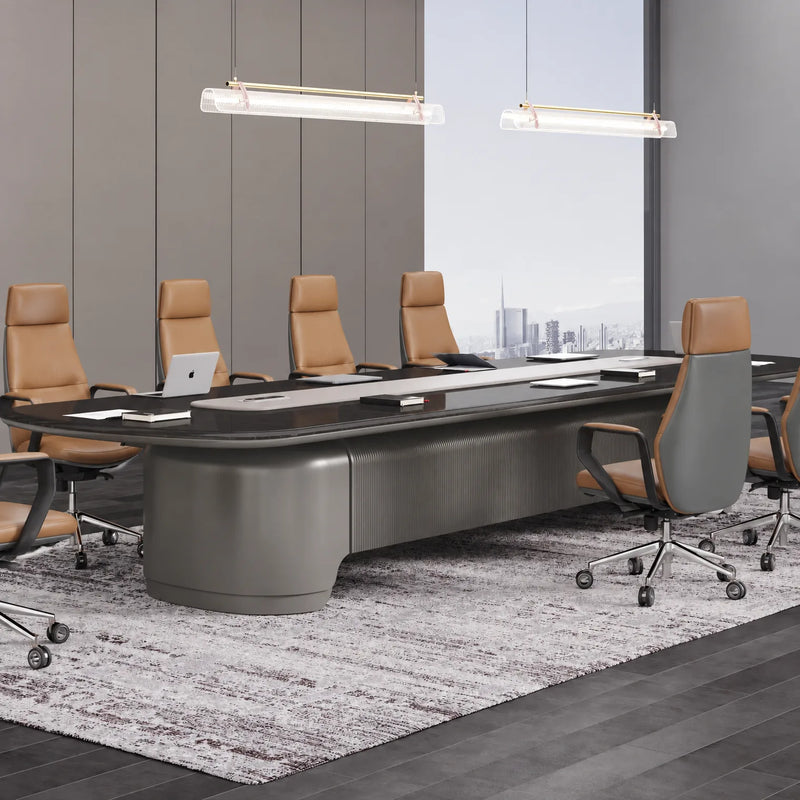 Fusion executive conference table in ebony with cream leather chairs beneath linear brass pendants