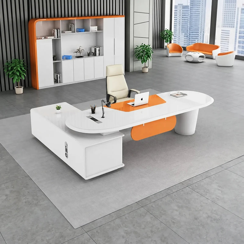 Gauss manager desk in white gloss in an orange-and-white office