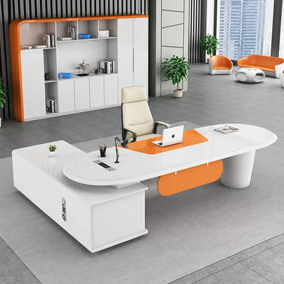 Gauss manager desk in white gloss in an orange-and-white office