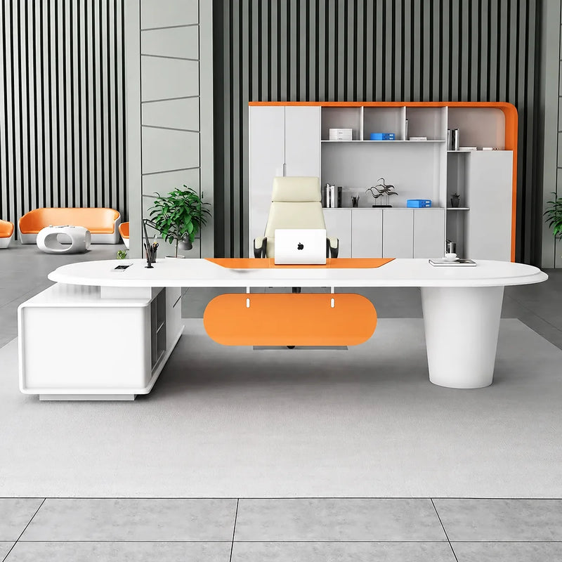 Gauss desk with orange modesty panel facing forward