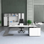 Gödel desk in white gloss in a green slat-walled office