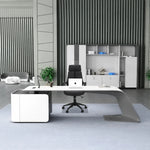 Gödel manager desk in white with silver sweep base and orange chair