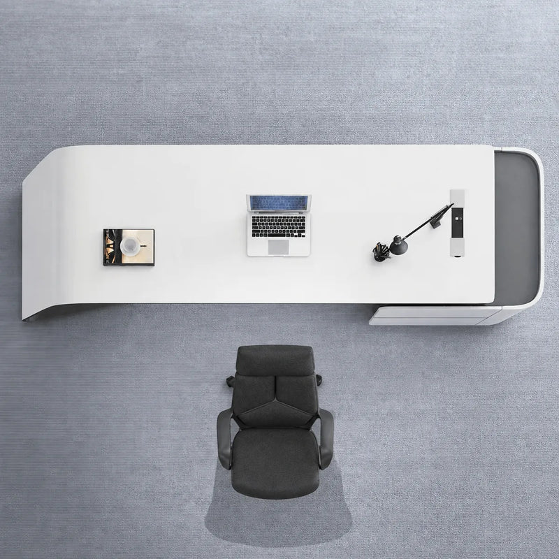 Gödel desk from above, right return, twin lamps on top