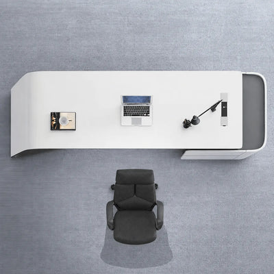 Gödel desk from above, right return, twin lamps on top