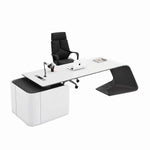 Gödel desk with orange chair, wing top from the side
