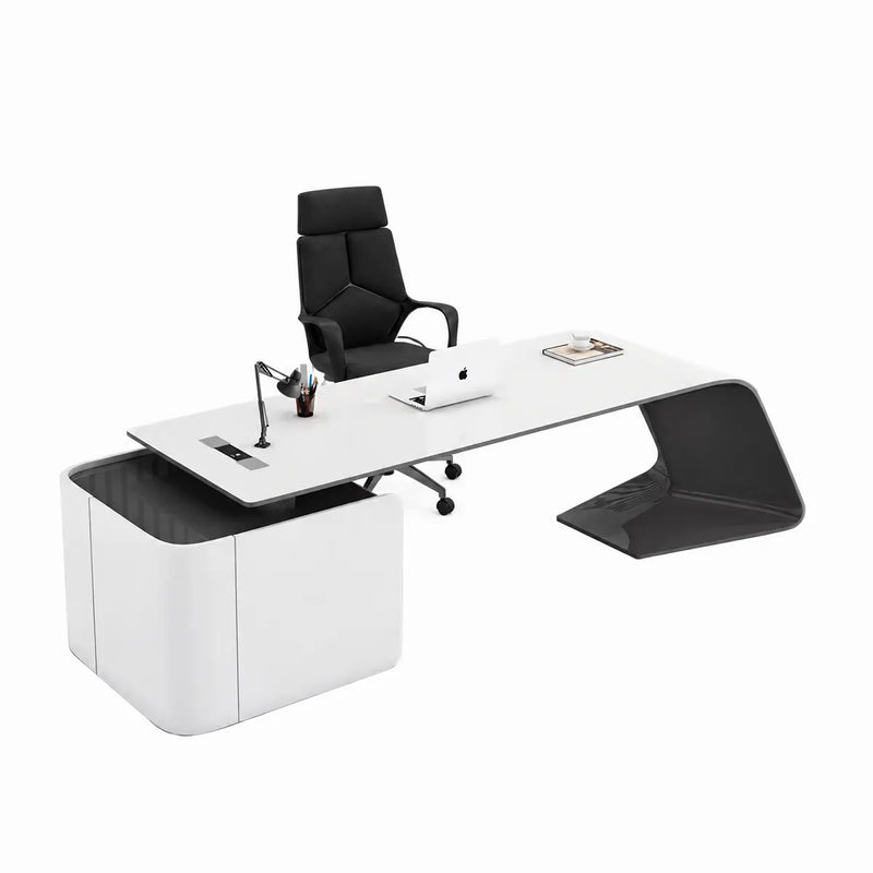 Gödel desk with orange chair, wing top from the side