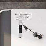 Close-up of the Godel desk's built-in power module, seen from above