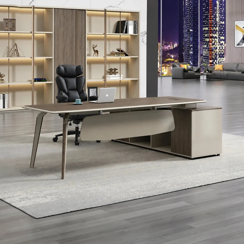 Grafton manager desk before a lit bookcase and night skyline