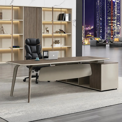 Grafton manager desk before a lit bookcase and night skyline