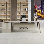 Grafton desk, right return, in a home office with city view