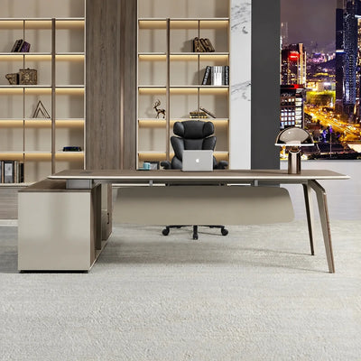 Grafton desk, right return, in a home office with city view