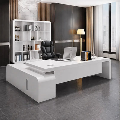 Halcyon desk in white gloss in a gold-curtained executive office