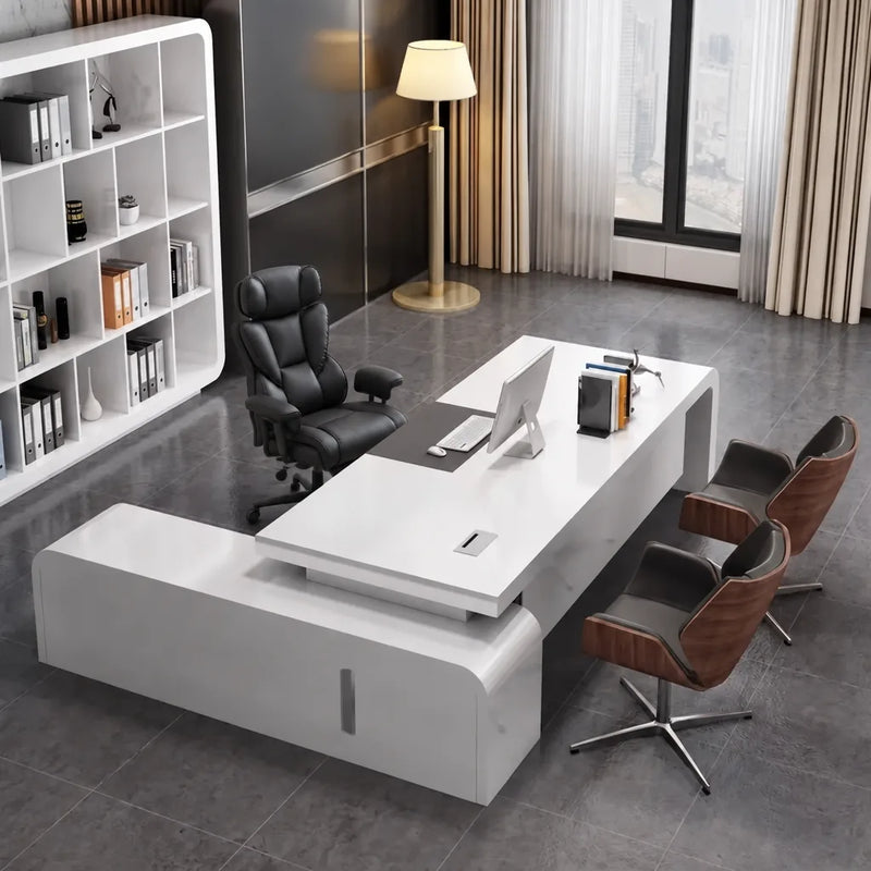 Halcyon desk in white with walnut guest chairs, city window