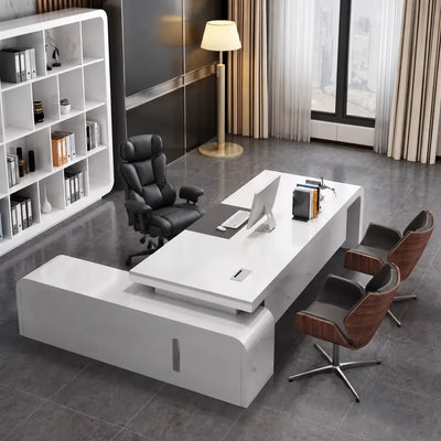 Halcyon desk in white with walnut guest chairs, city window