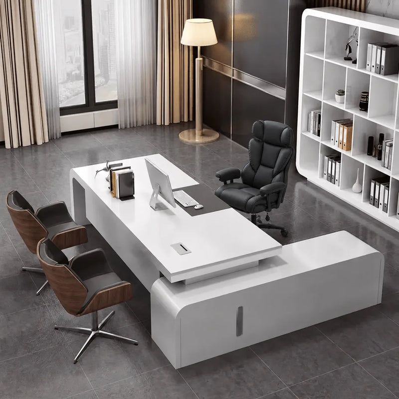 Halcyon desk in white gloss, left return, guest chairs waiting