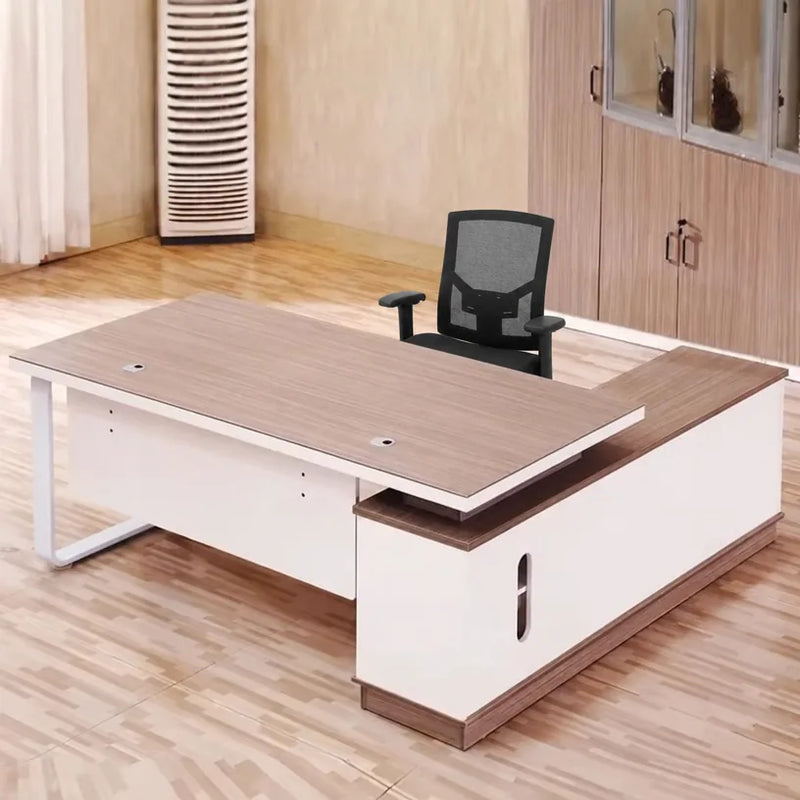 Halley desk from above, gray oak top with white frame