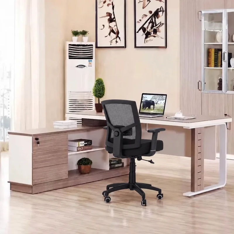 Halley desk with mesh chair and return bookcase
