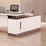 Halley desk corner with white pedestal and laptop