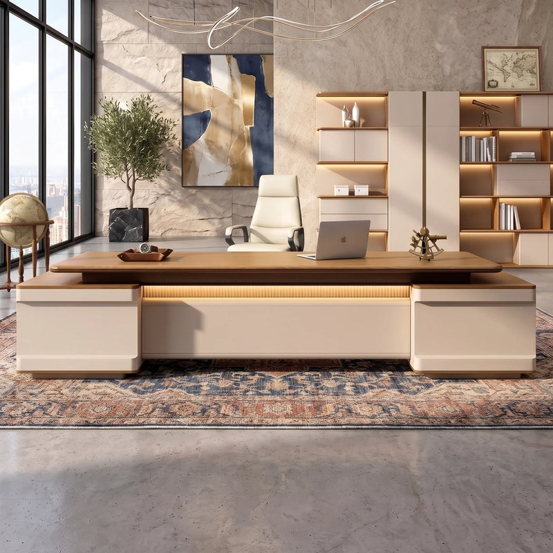 Halsey desk in a sunlit stone tower office with a city view
