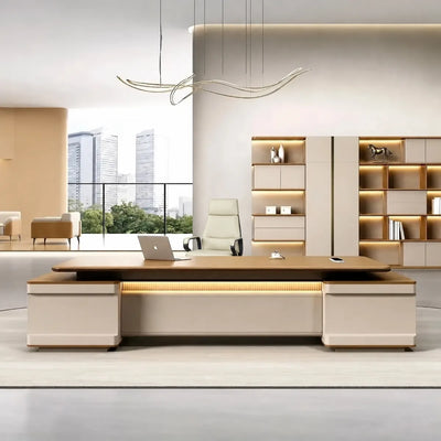 Halsey grand desk in a golden-hour office with balcony view