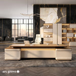 Halsey L-shaped desk in cream and oak in a black marble office with city windows