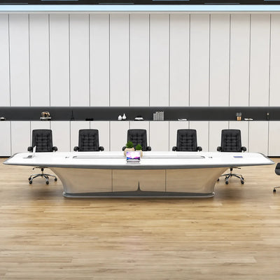 Harmony white boardroom table with black leather chairs in a white-paneled room on a wood floor