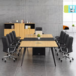 Harvard professional meeting table seating 10 in black mesh chairs, elm top with black center