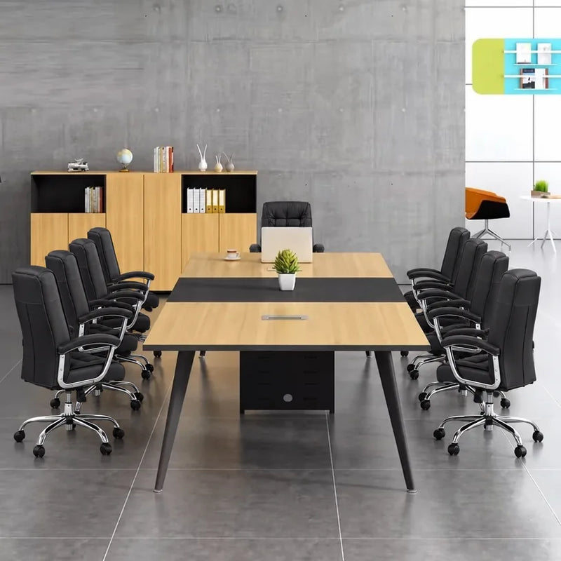 Harvard professional meeting table seating 10 in black mesh chairs, elm top with black center