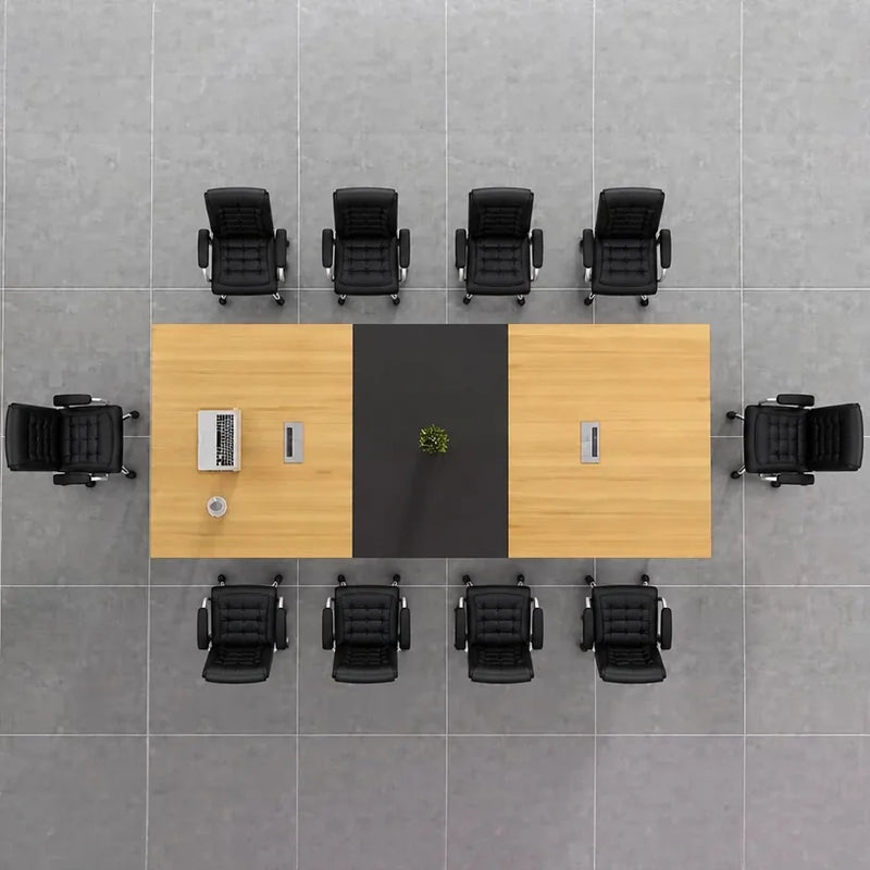 Top-down view of the Harvard conference table seating 10, two cable grommets on the elm top