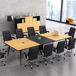 Harvard large conference table in elm with black chairs beside a matching credenza and floor lamp