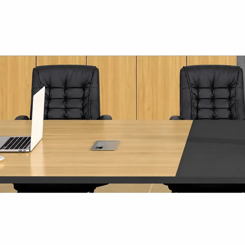 Harvard elm top close up with a laptop, cable management grommet and black center panel