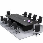 Hendley black conference table seating 8 in black leather chairs on a gray rug, angled view