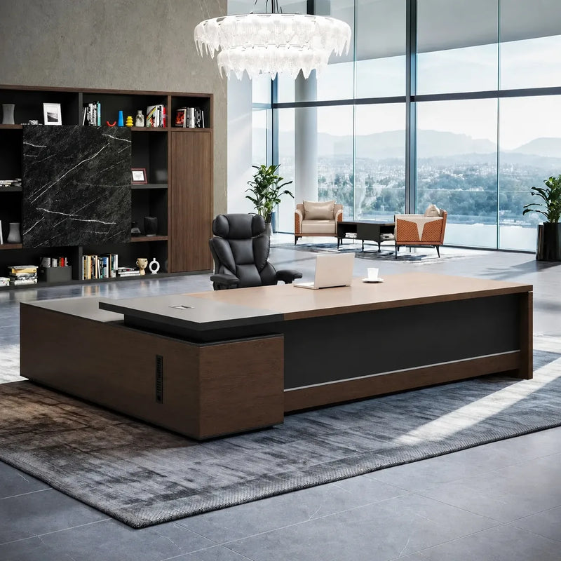 Dark Oak Hershey L-shaped executive desk with right return in a corner office overlooking the water
