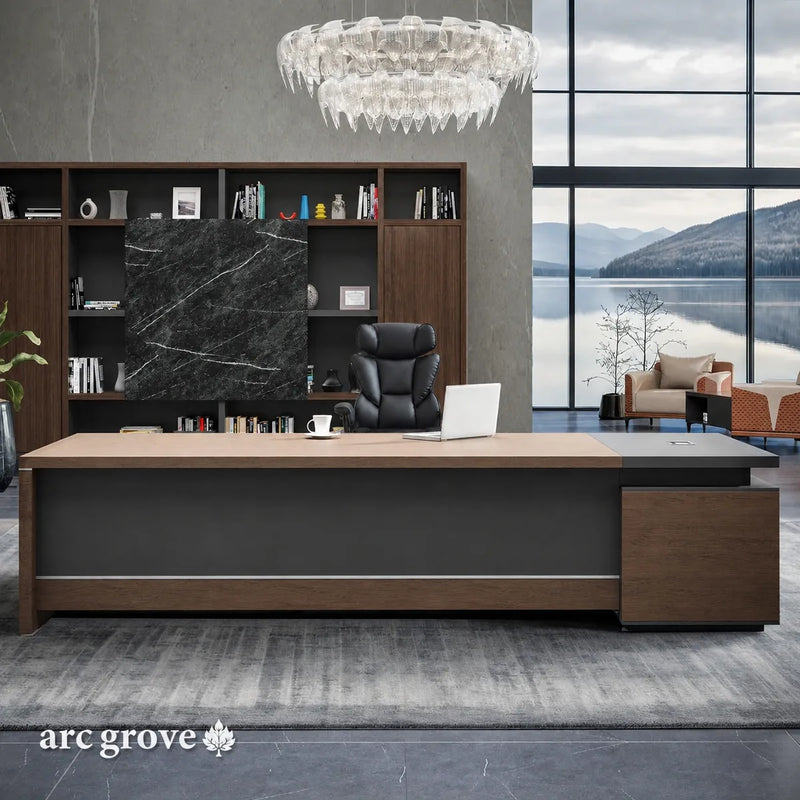 Hershey executive desk in Dark Oak with black accents in a modern office with a lake view