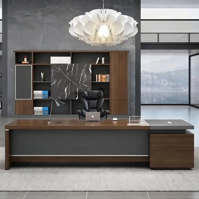 Dark Oak Hershey desk in a moody executive office with a sculptural white pendant light