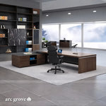 Dark Oak Hershey corner L-shaped desk with low return cabinet in a modern office library