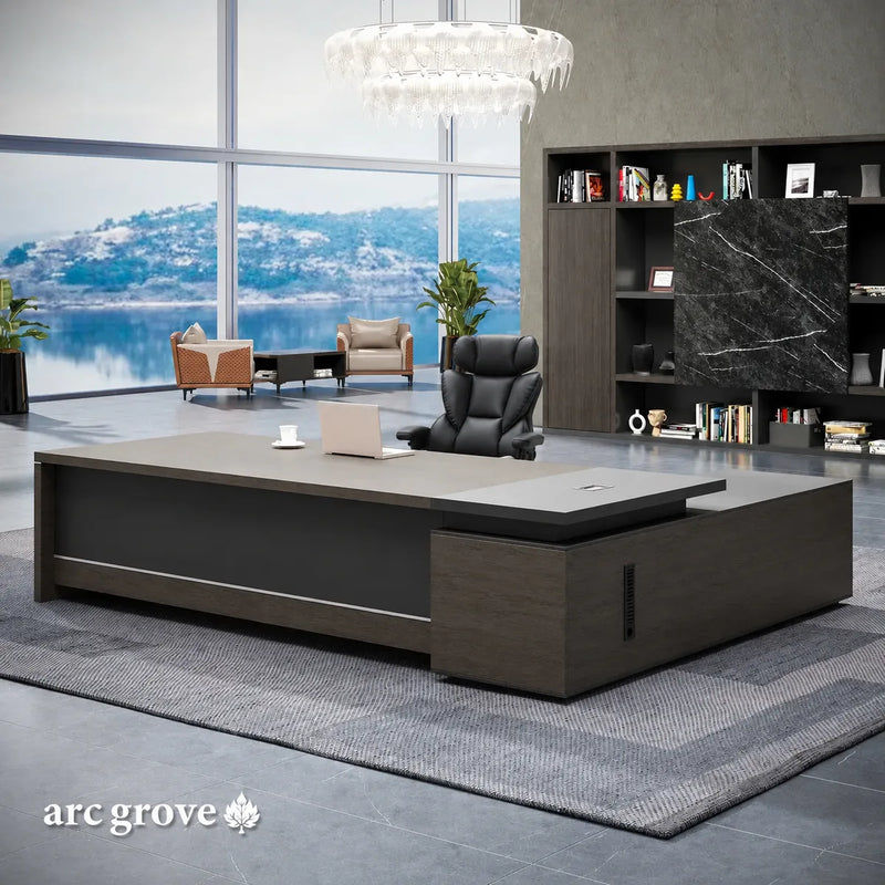 Dark Oak Hershey L-shaped executive desk in a waterfront office with guest seating