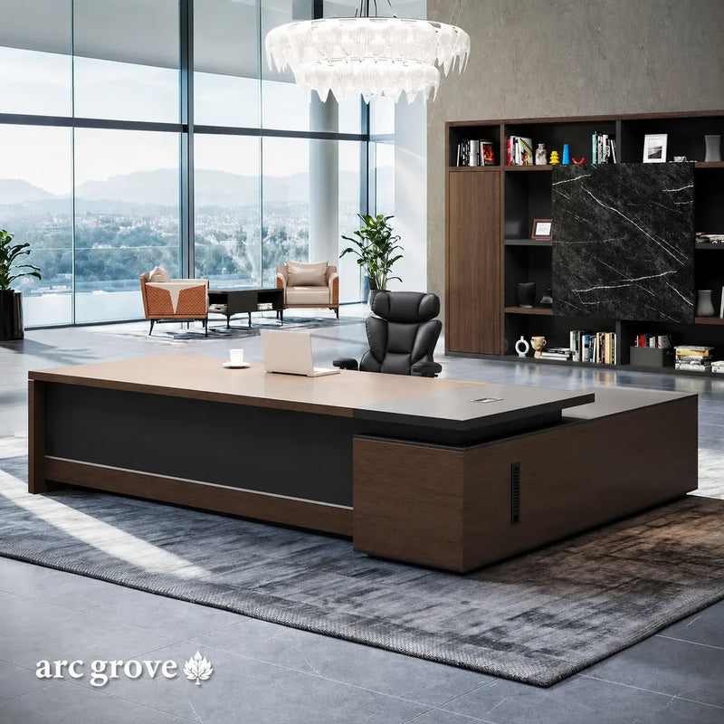 Hershey executive desk in Dark Oak, left return, in a mountain-view office