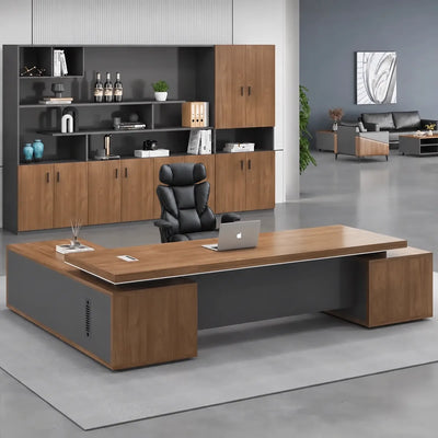 Hewson desk in golden walnut in an office with matching wall system