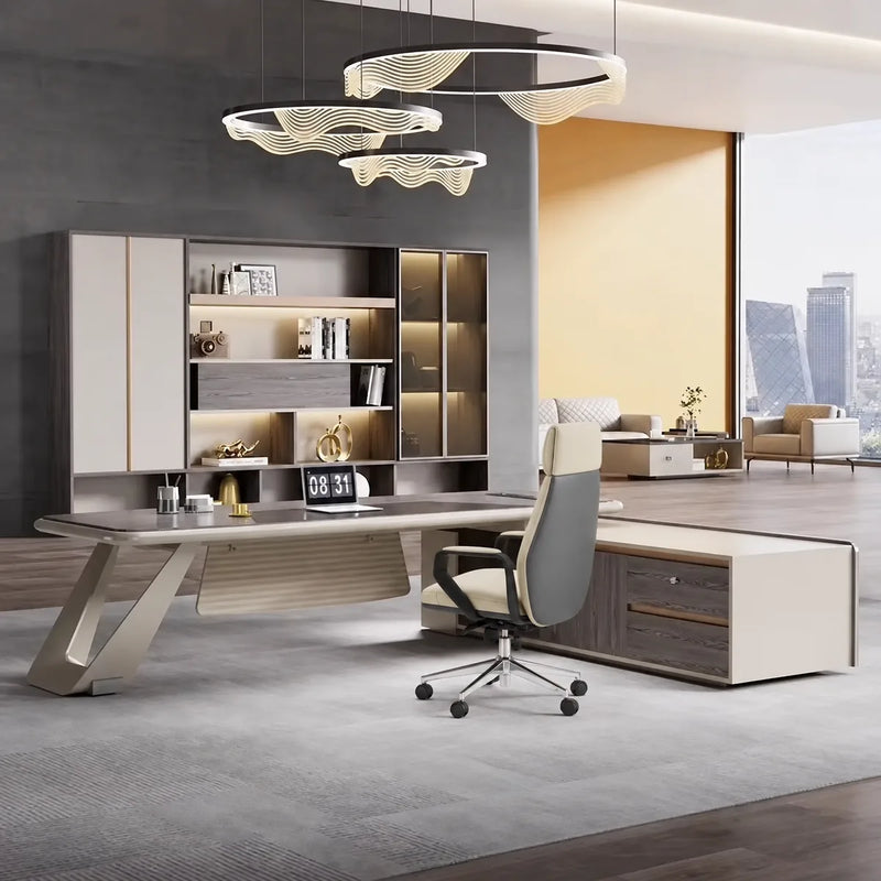 Heyer desk with side credenza and cream chair in a luxe office