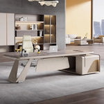Heyer desk, left return, sled base in champagne