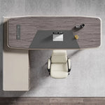 Heyer desk from above, curved gray top with tablet stand